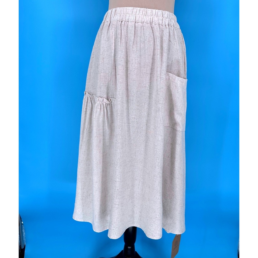 Vintage Original USA Beige Linen Blend Midi‎ Skirt Elastic Waist L/XL